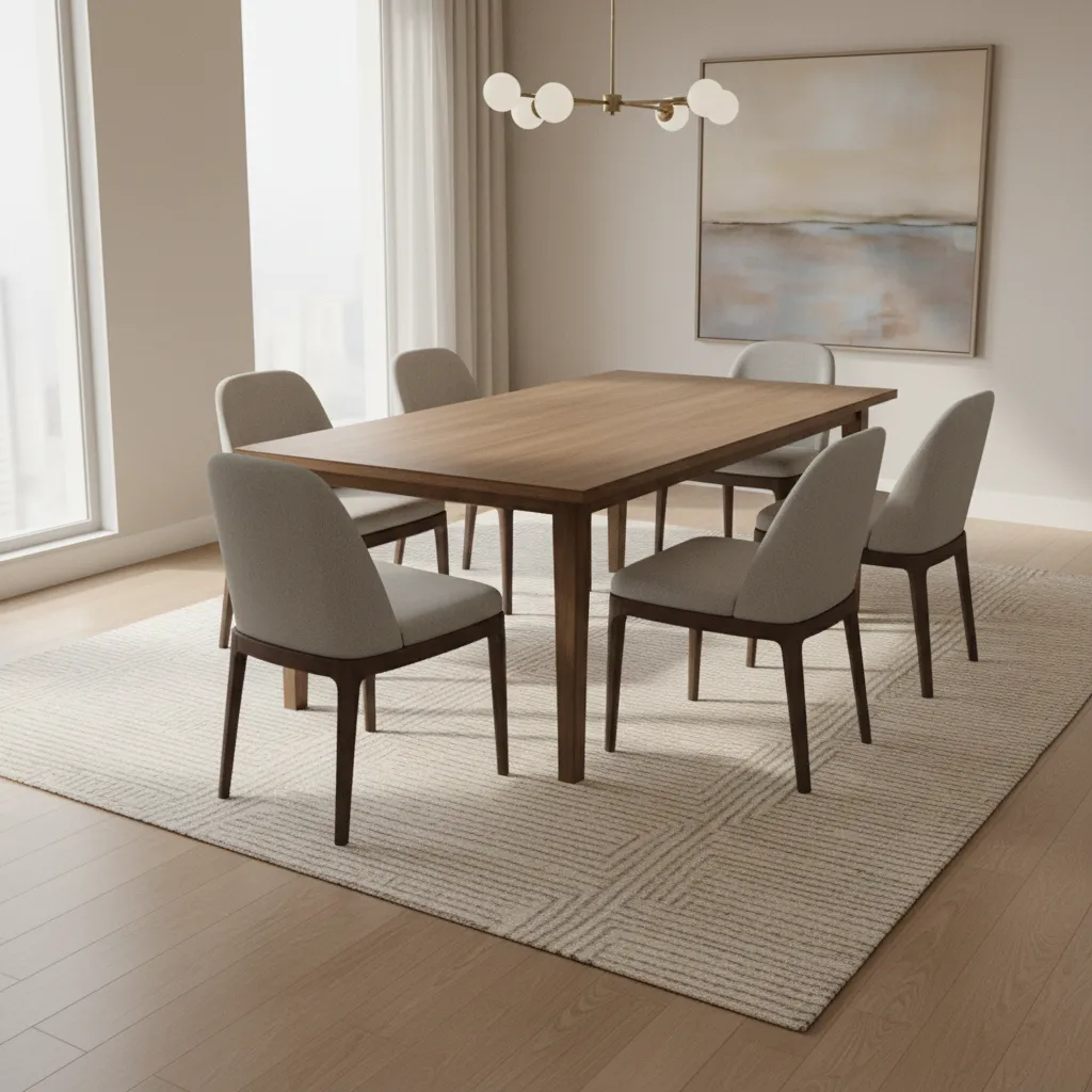 large rug under dining table showing proper size around chairs