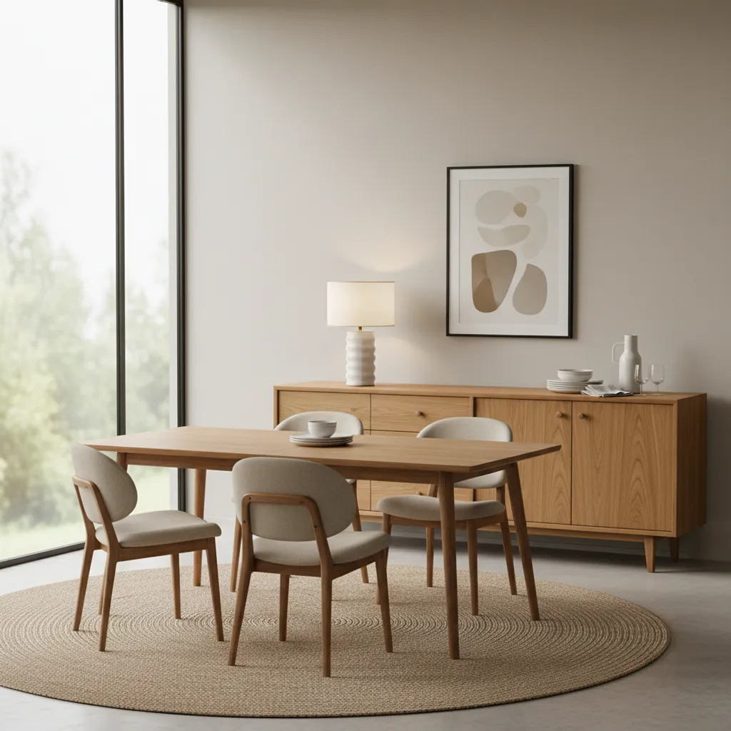 wood dining room sideboard with drawers and cabinets styled with decor