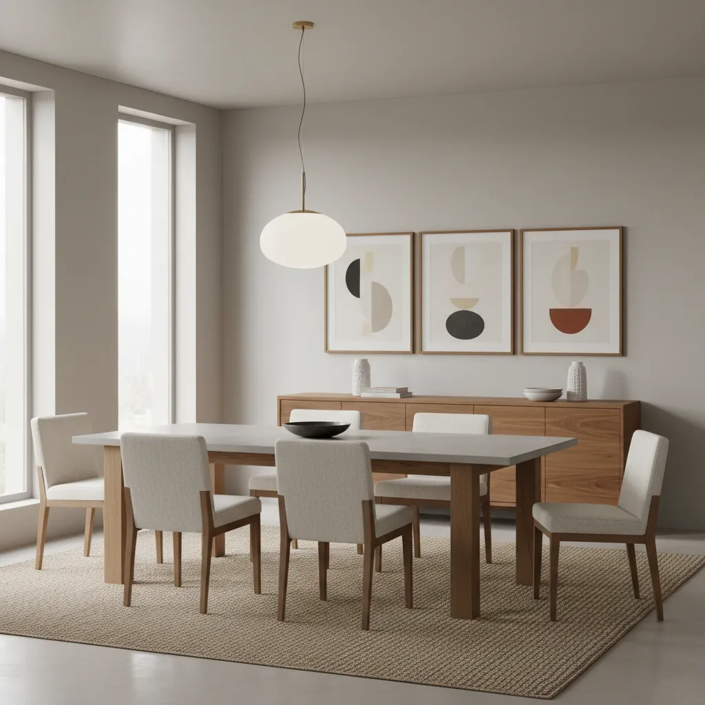 dining room wall with sideboard cabinet styled with art and decor