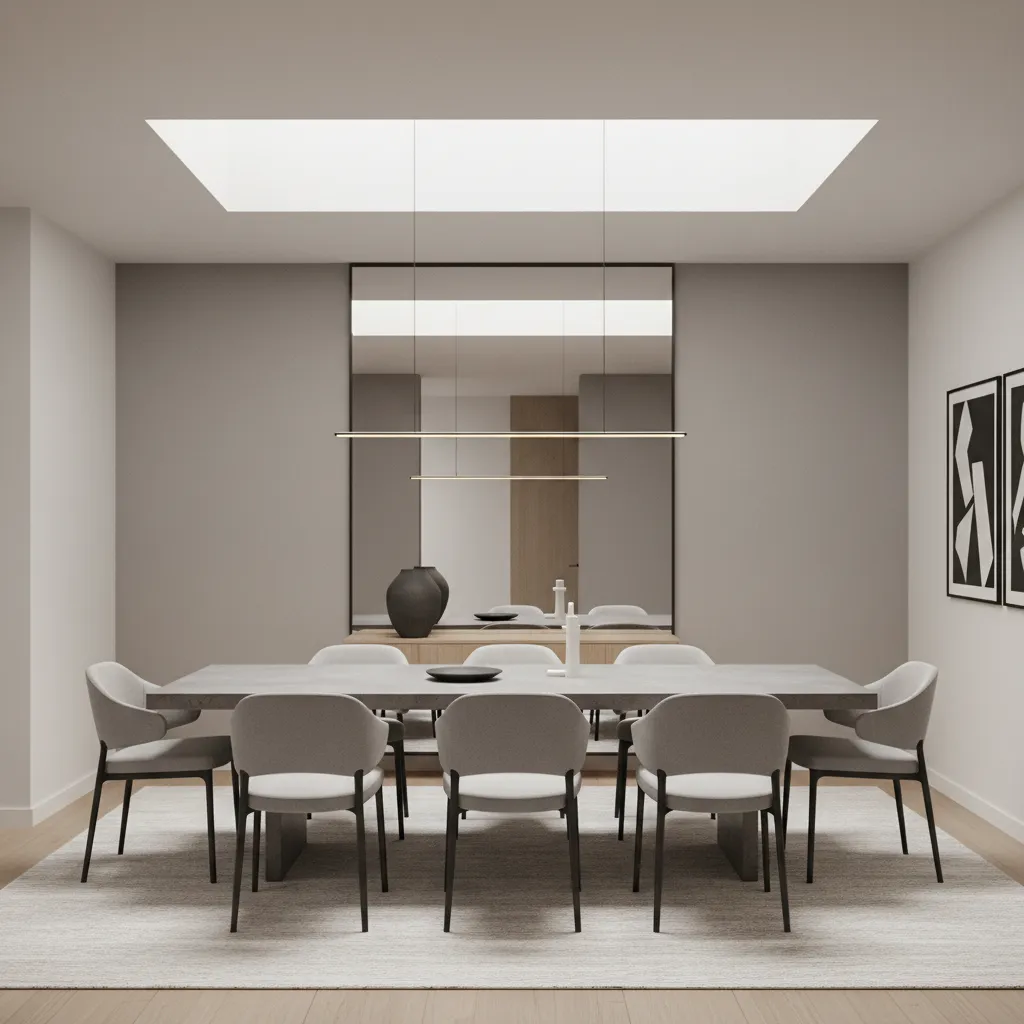 dining room with artificial skylight and wall mirror design combination