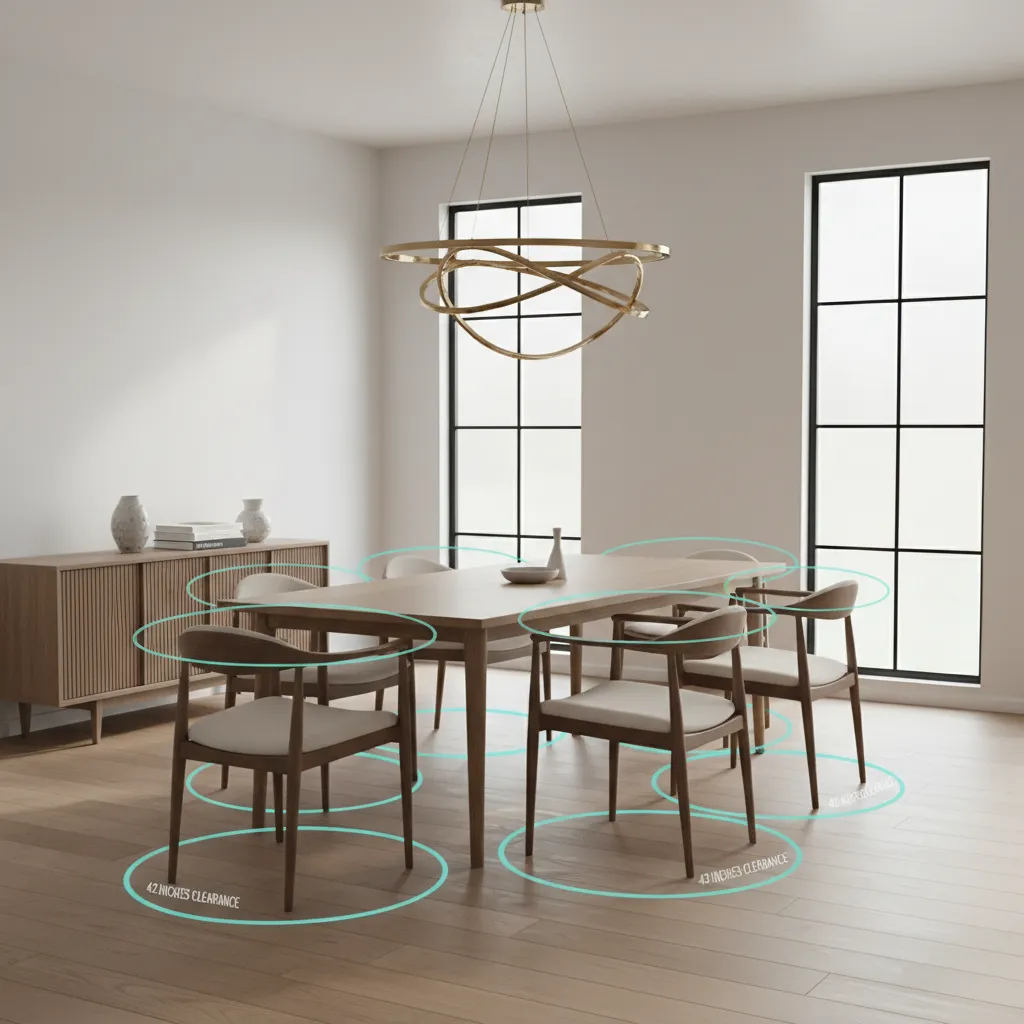 Dining room layout illustrating chair clearance and walkway spacing