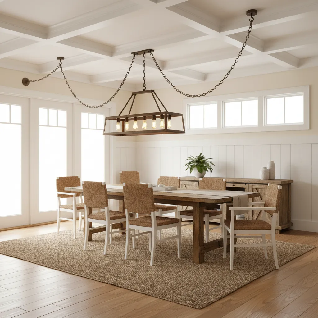 Dining room chandelier repositioned using swag chain from ceiling outlet