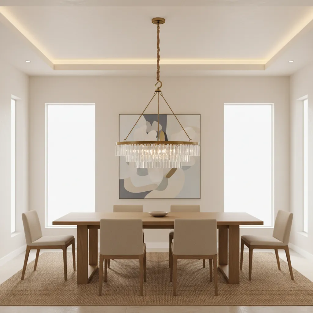 Dining room chandelier swagged from ceiling hook across ceiling toward electrical box