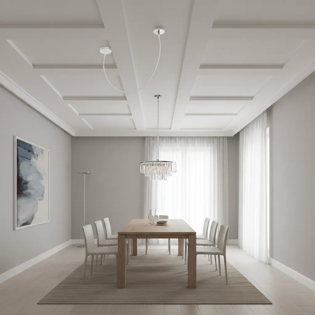 Dining room layout showing chandelier cord path from ceiling outlet to table center