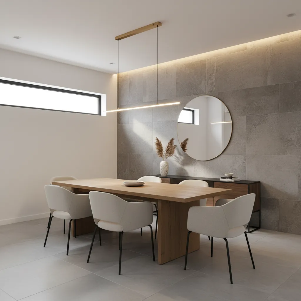 Dining room with stone-look tile accent wall and wooden table