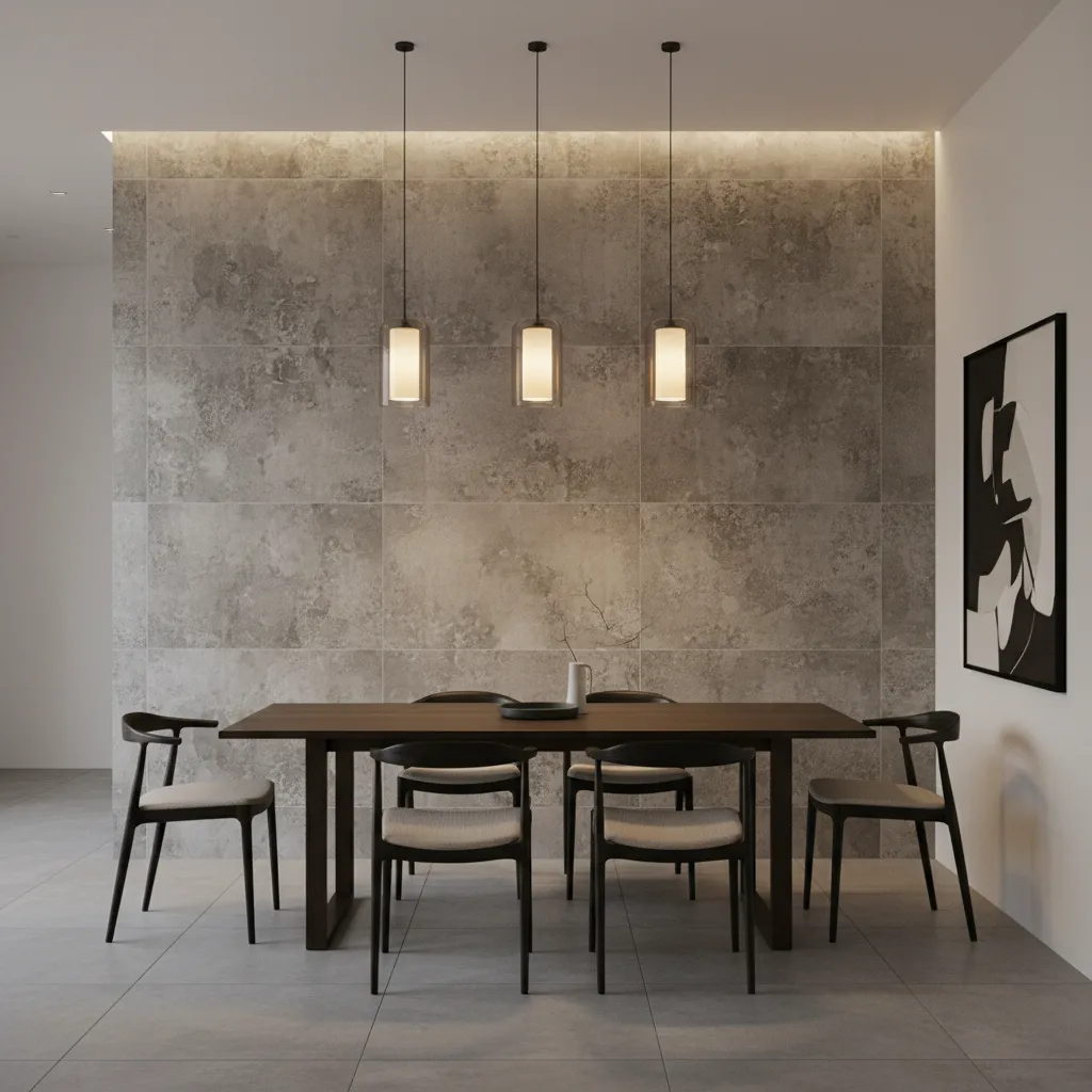 Dining room tile wall illuminated by warm pendant lighting