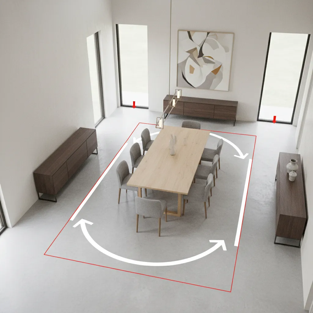 Dining room layout showing traffic flow paths around table