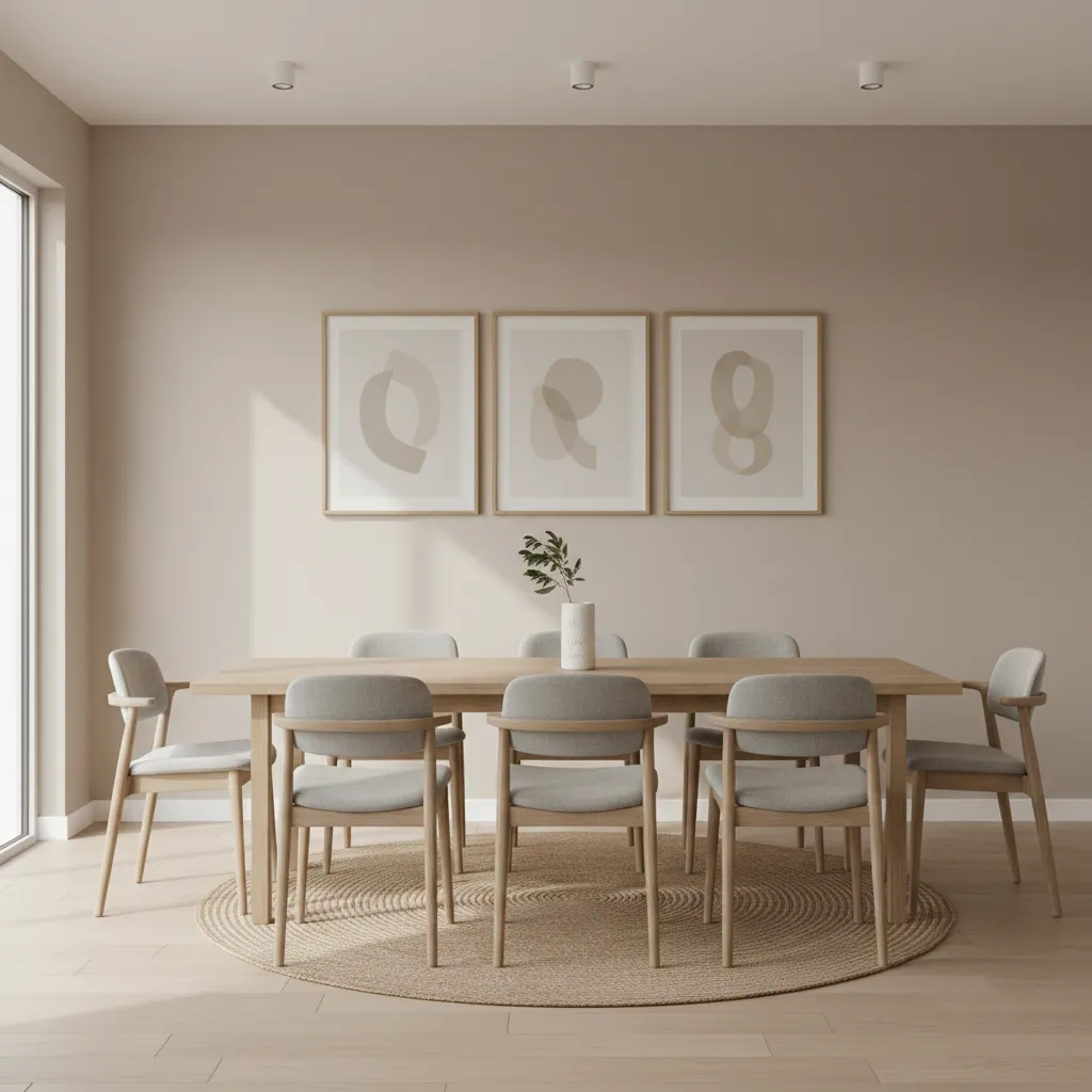 Dining room wall with balanced framed artwork aligned with dining table