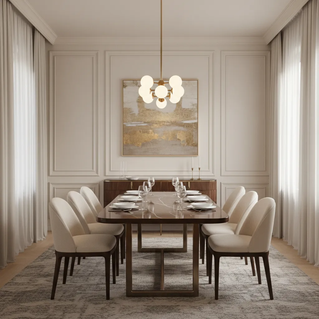 Dining room with decorative wall paneling and modern furniture