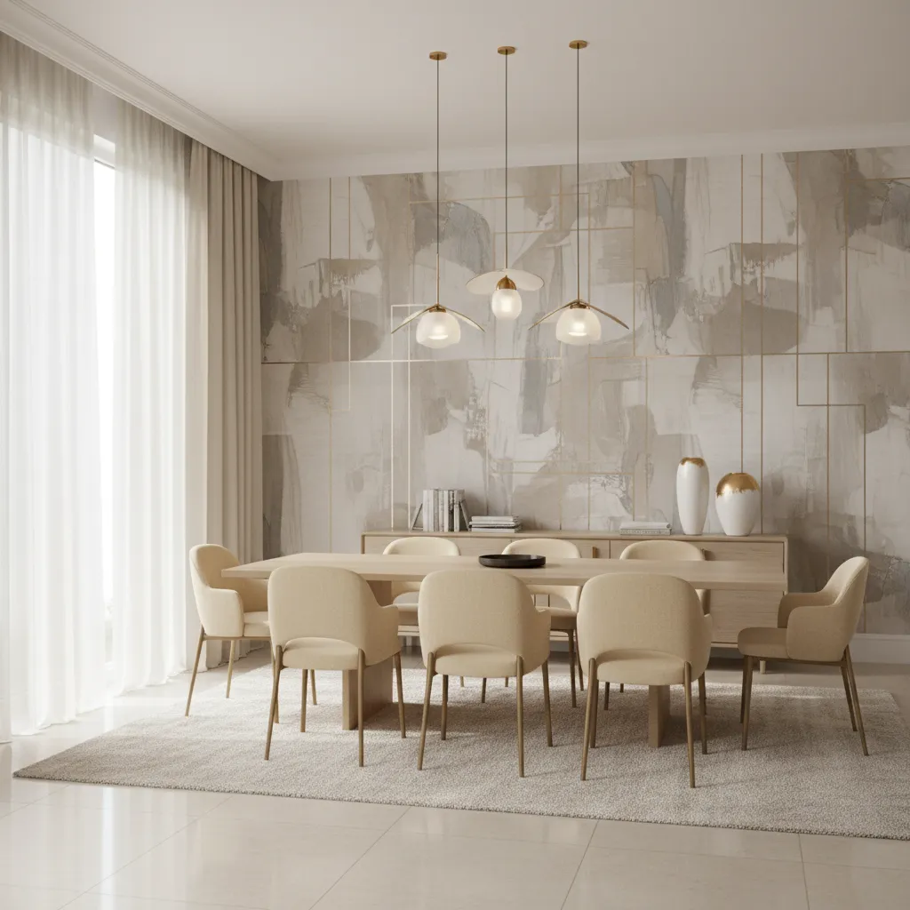 Dining room showing large scale luxury wallpaper pattern with dining furniture