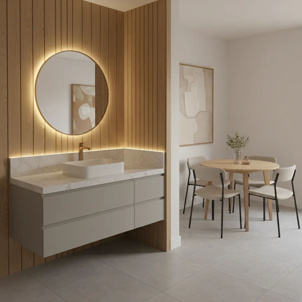 small dining room wash basin corner with wall mirror and marble counter