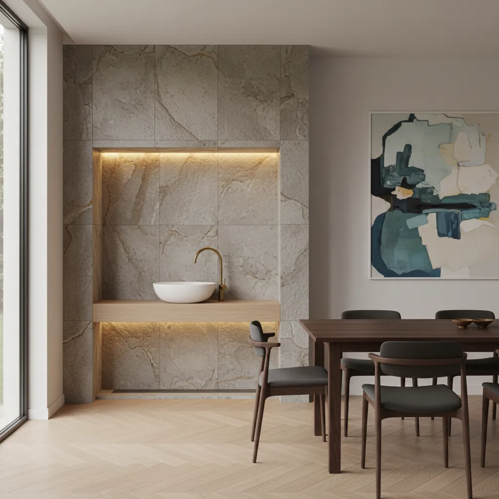 Dining room wash basin inside a decorative wall niche with stone cladding