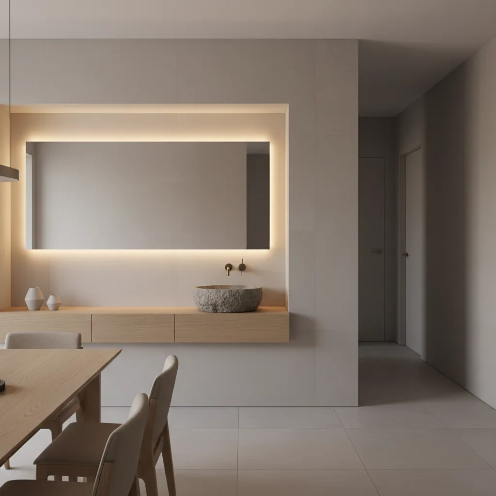 Recessed wall niche wash basin design with mirror and soft lighting