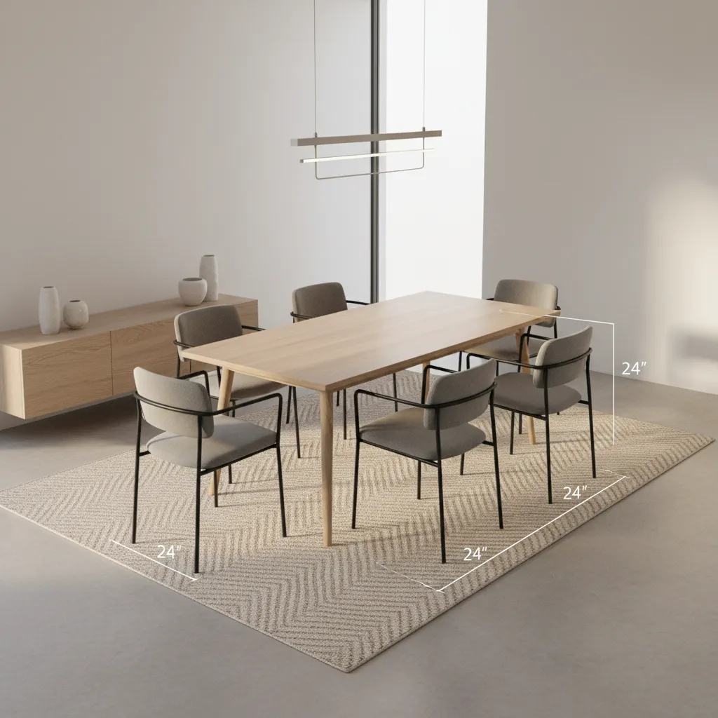 diagram style interior showing chair clearance on an 8 x 10 dining rug