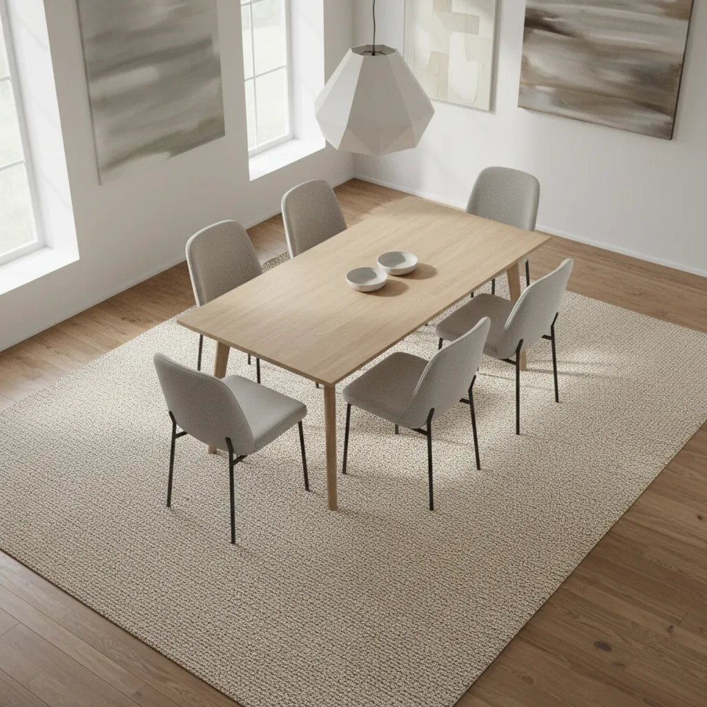 Dining table with rug extending beyond chairs showing proper clearance
