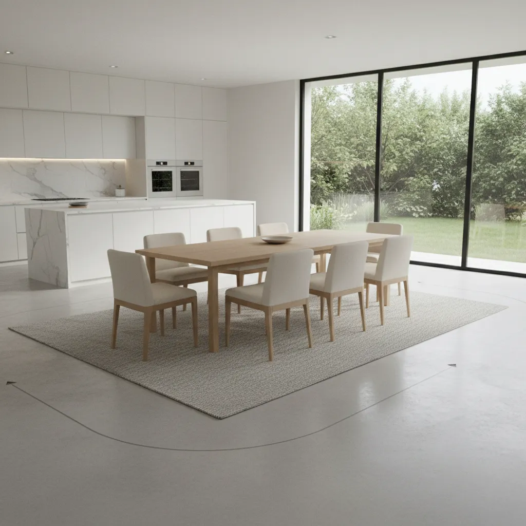 Dining room layout showing rug placement and walking path around table