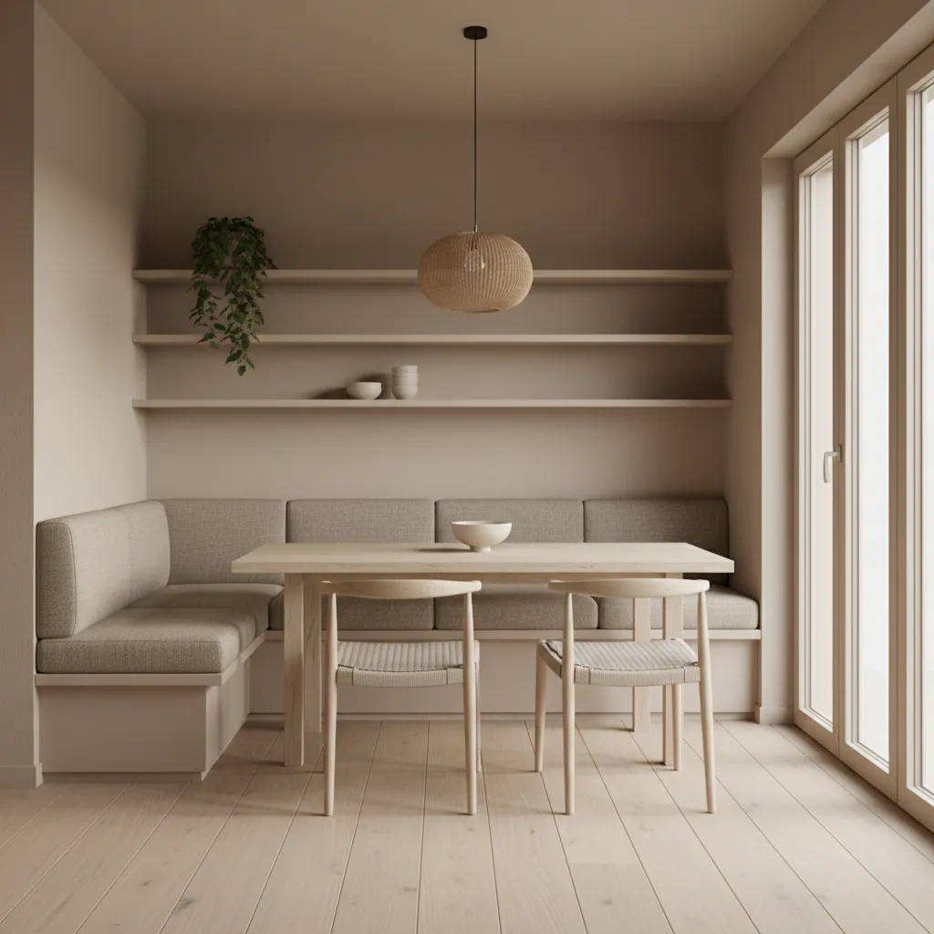 Dining room with built in sofa banquette seating next to wooden dining table