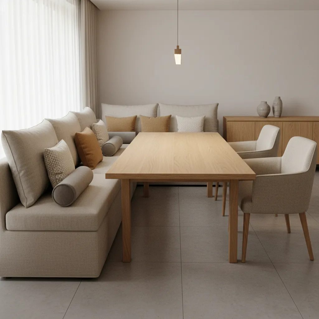 Dining bench sofa with lumbar cushions arranged for comfortable dining posture