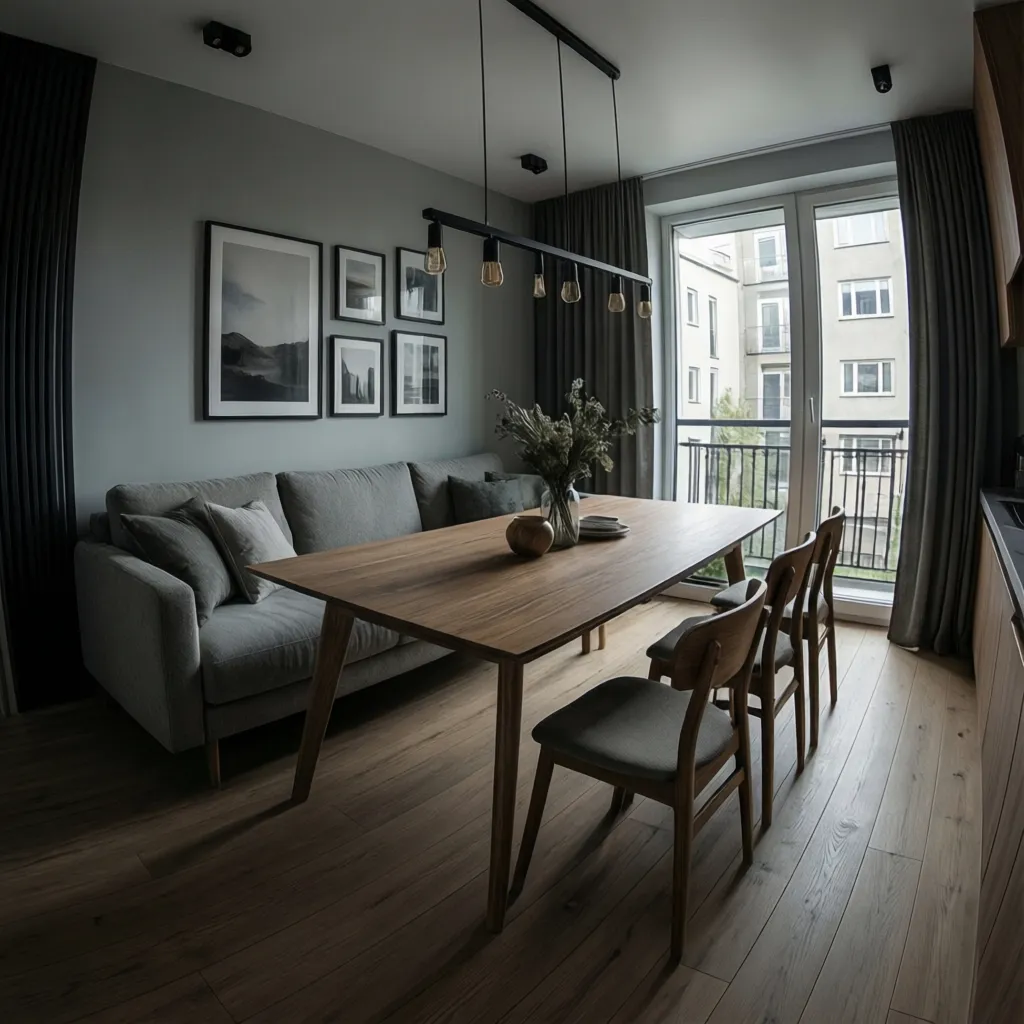 modern dining room with sofa bench seating against wall