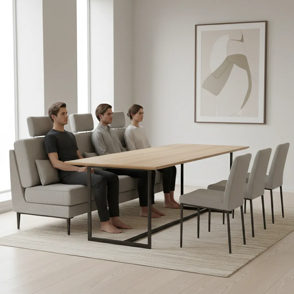 Dining sofa seating with cushions showing upright ergonomic posture at a table