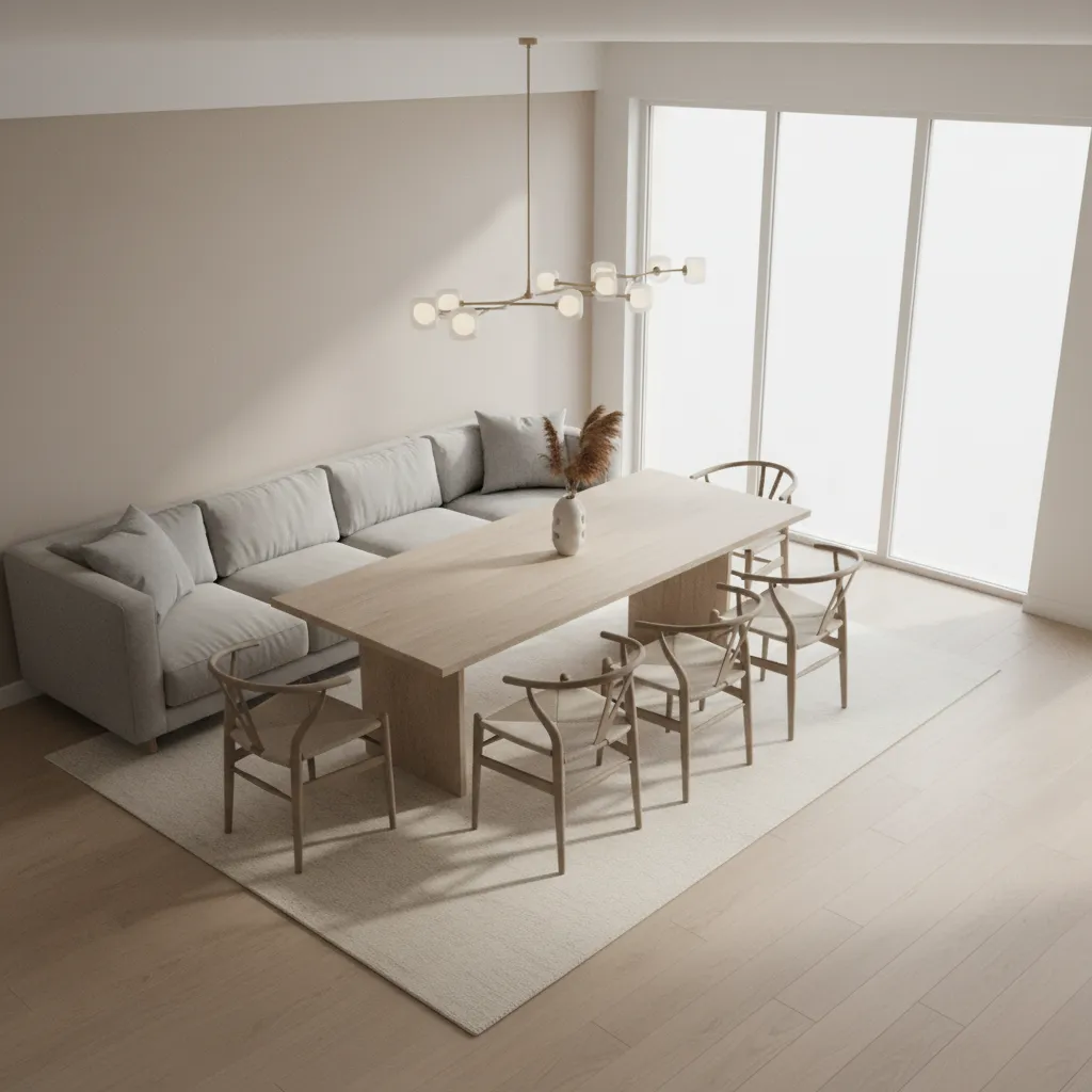 Dining sofa layout showing proper spacing and circulation around a dining table
