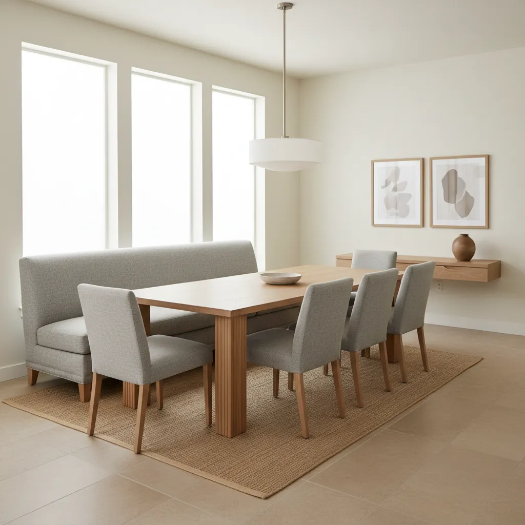 Dining room sofa upholstered in stain resistant performance fabric