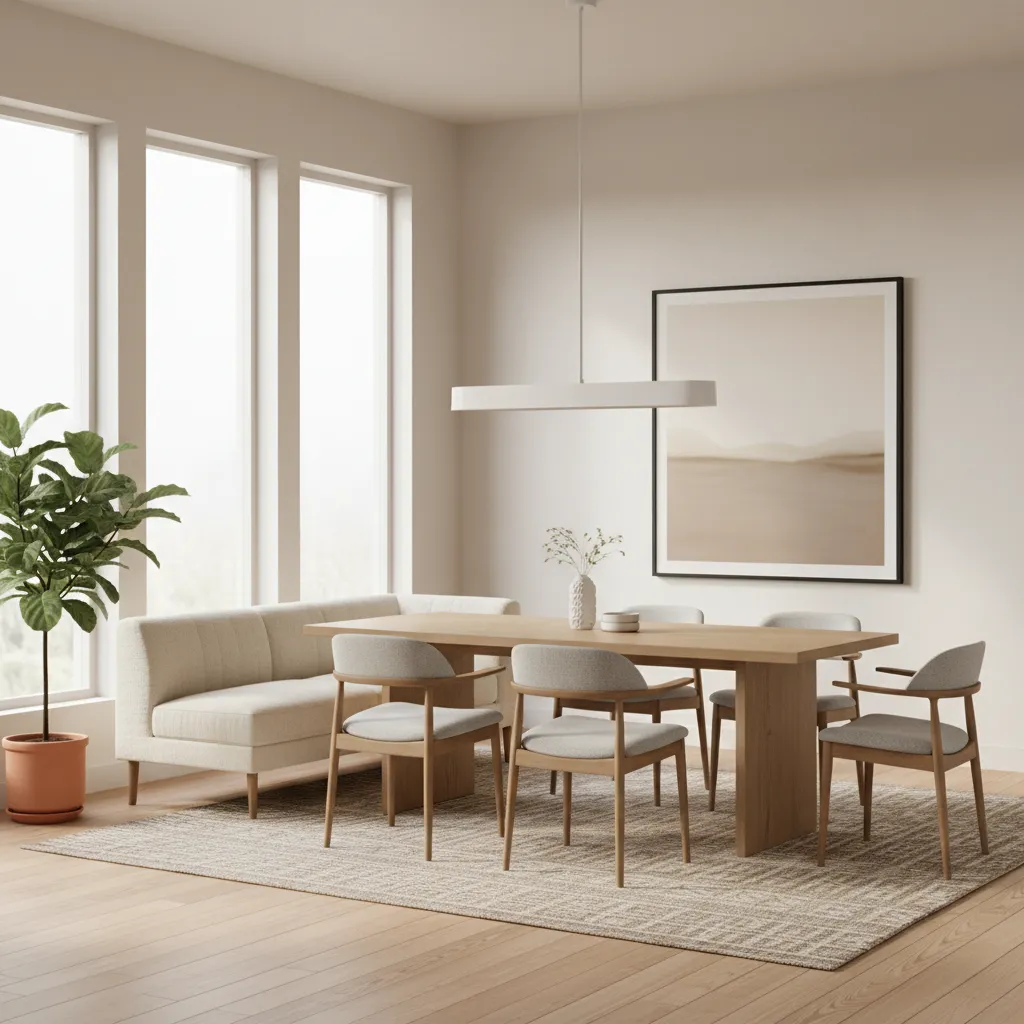 Modern dining room with upholstered dining sofa seating along one side of the table