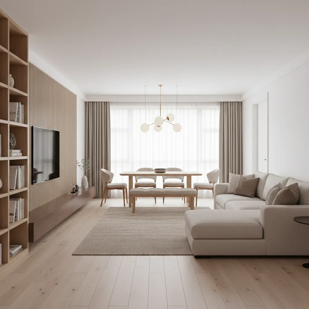 dining table positioned behind a sofa to create zones in a living room