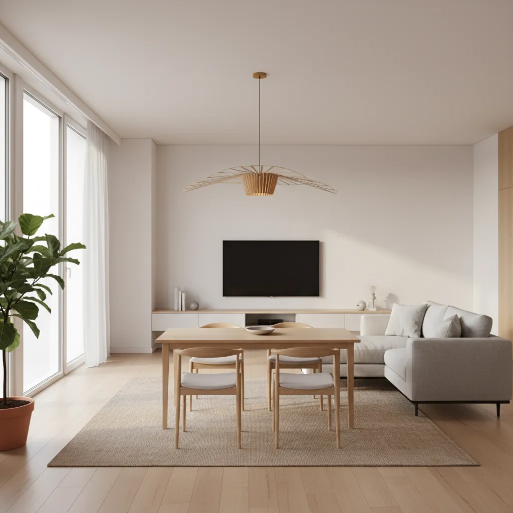 Dining table placed behind a sofa creating two zones in a living room
