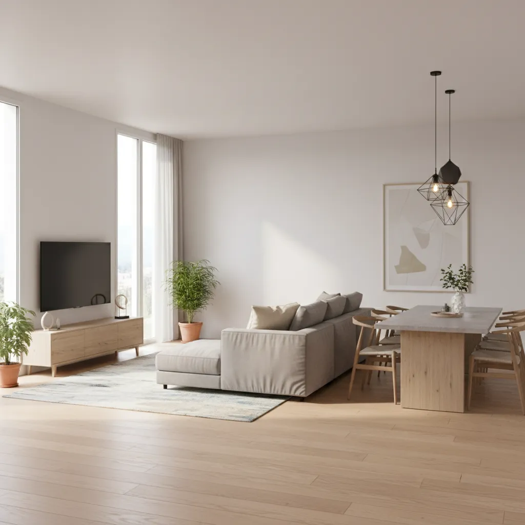 dining table positioned behind sofa in open living room layout