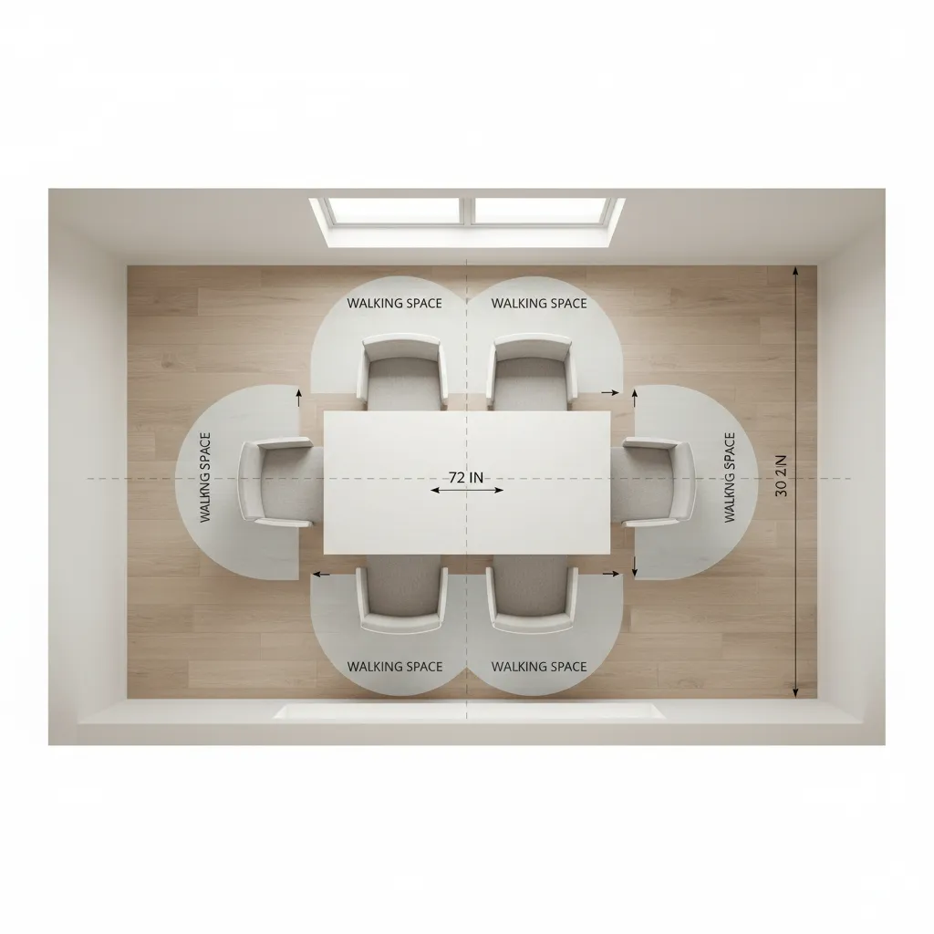 Dining table clearance layout diagram showing chair space and walking area