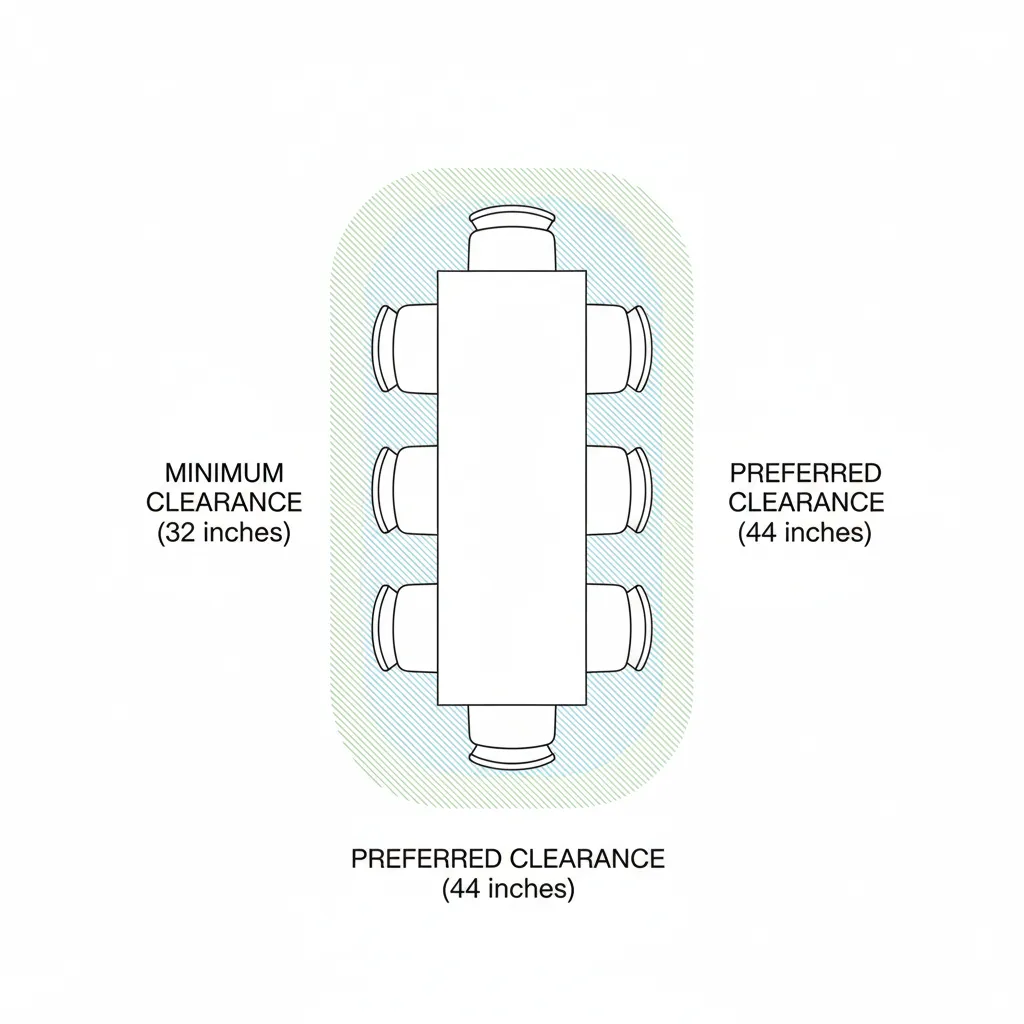 Dining table clearance spacing diagram showing 30 to 36 inches around seating