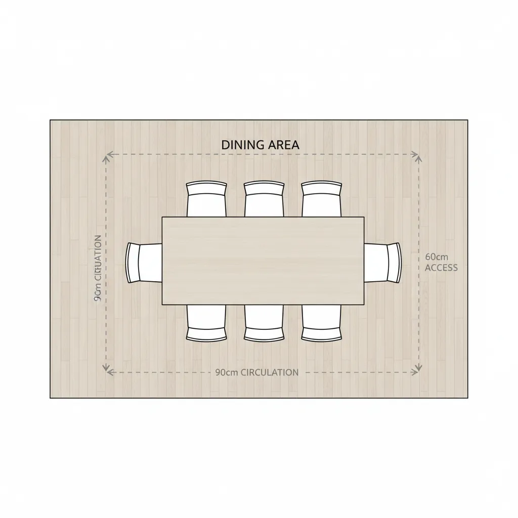Dining table layout showing recommended clearance around table