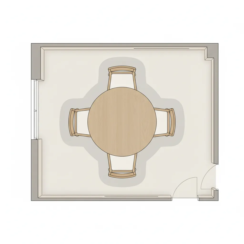 Dining table layout showing chair clearance and walking space in a small dining room