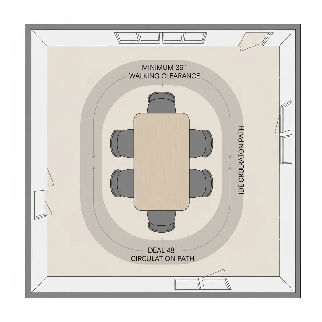 dining table layout showing recommended clearance space around table