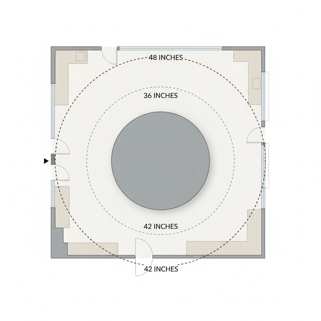 Illustration of recommended clearance space around a round dining table