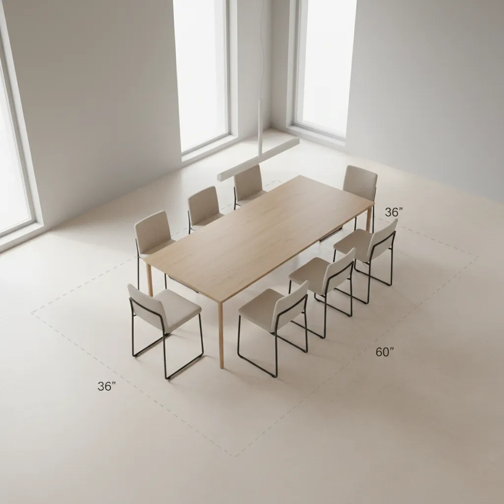 dining table layout showing recommended clearance space around a 30 x 60 table