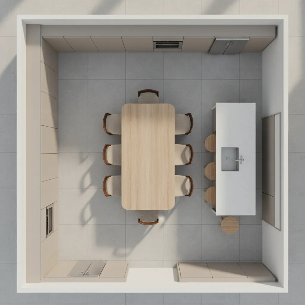 kitchen layout showing rectangular dining table dimensions and chair space