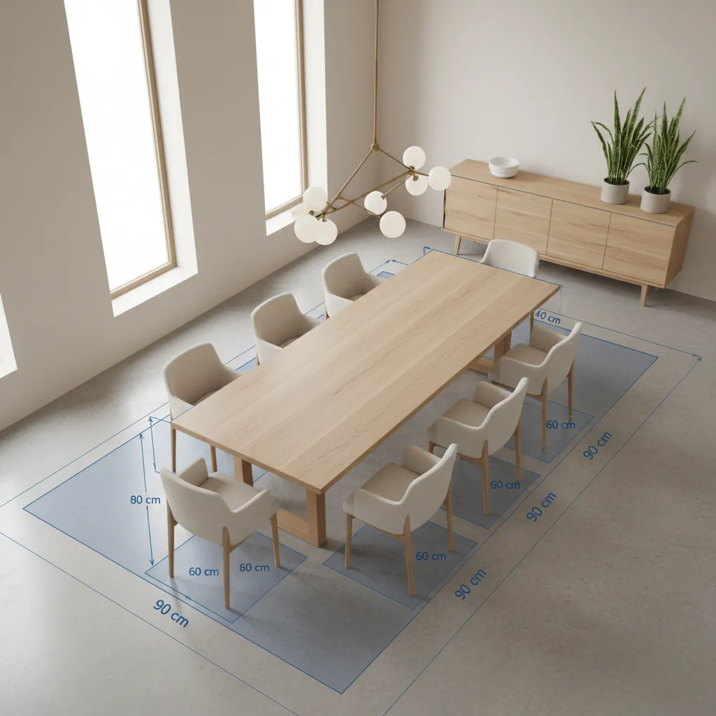 Dining table ergonomic spacing showing chair clearance and reach distance