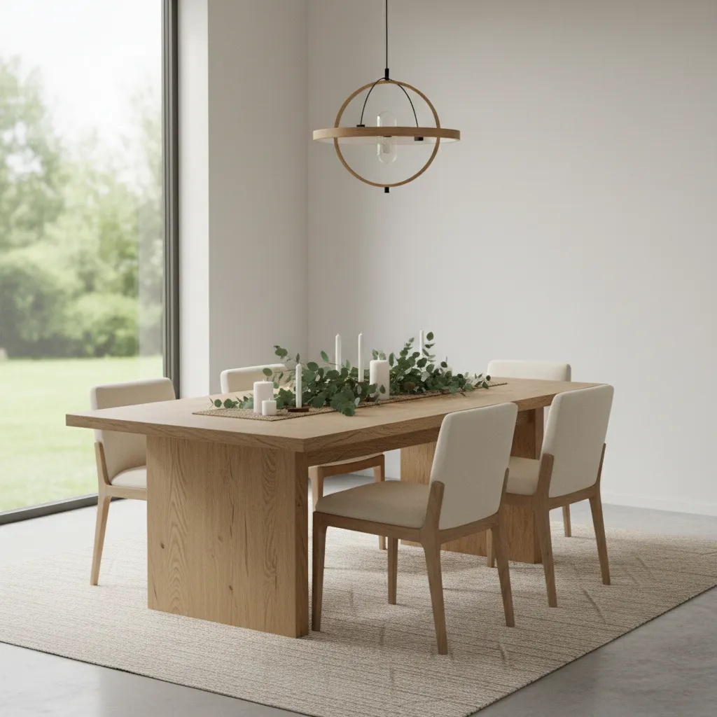 Dining table decorated with greenery centerpiece and candles