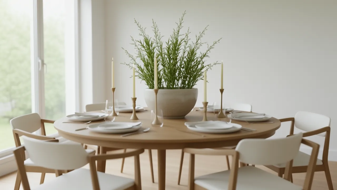Dining table styled with candles bowl and greenery showing height variation