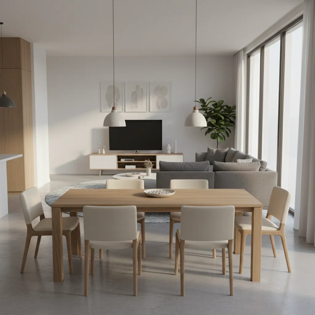 Dining table placed in center of narrow living dining room blocking movement