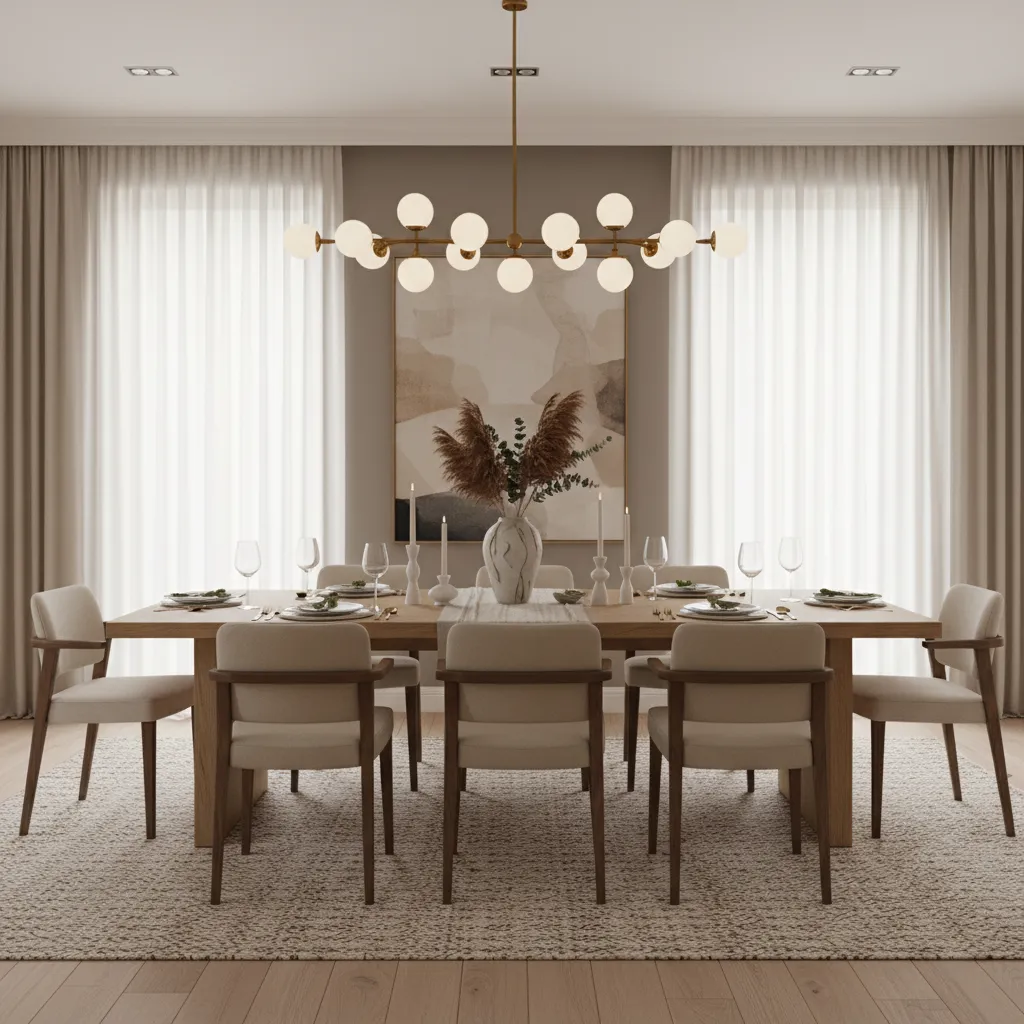 Dining table centerpiece aligned under modern chandelier lighting