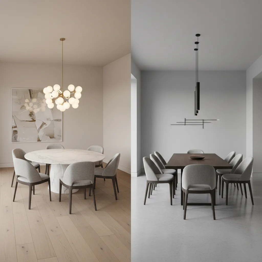 Comparison of lighting placement for round and rectangular dining tables