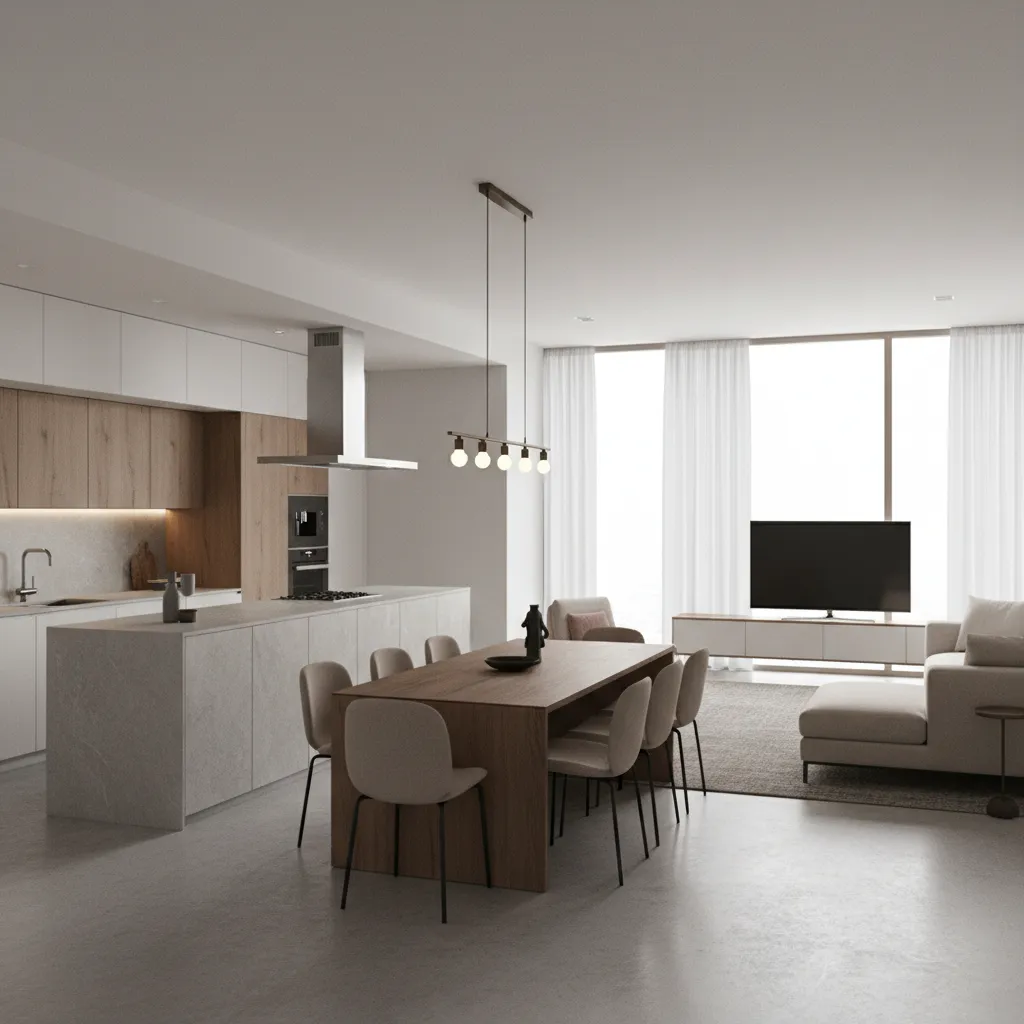Dining table placed between kitchen and living room in an open layout