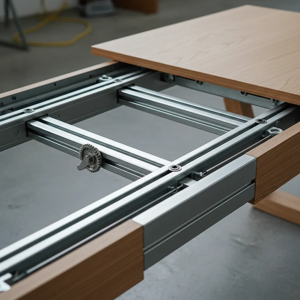 Close view of metal sliding rails under an extendable dining table