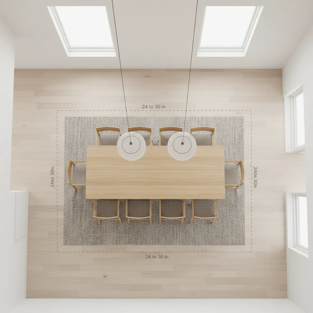 diagram style dining table with recommended rug size boundaries