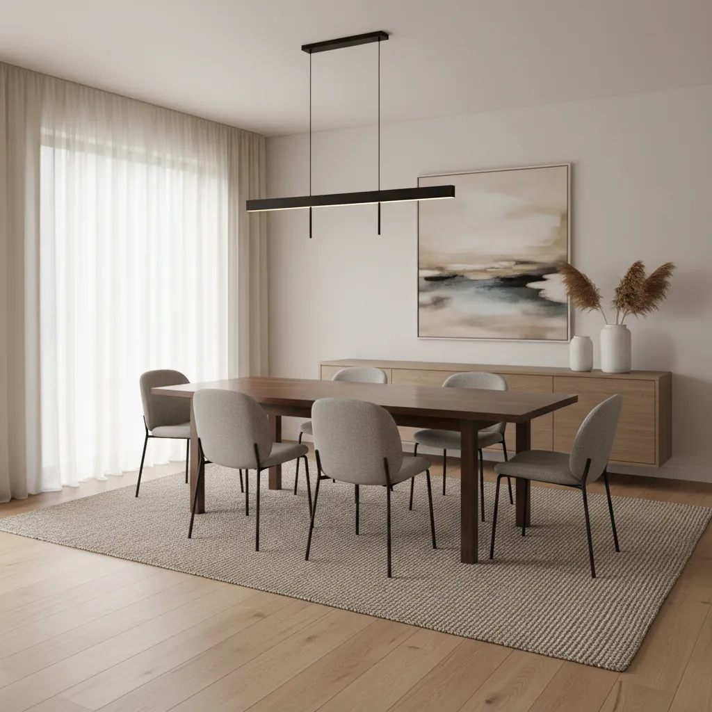 Dining table centered on a large rug demonstrating proper rug extension beyond chairs