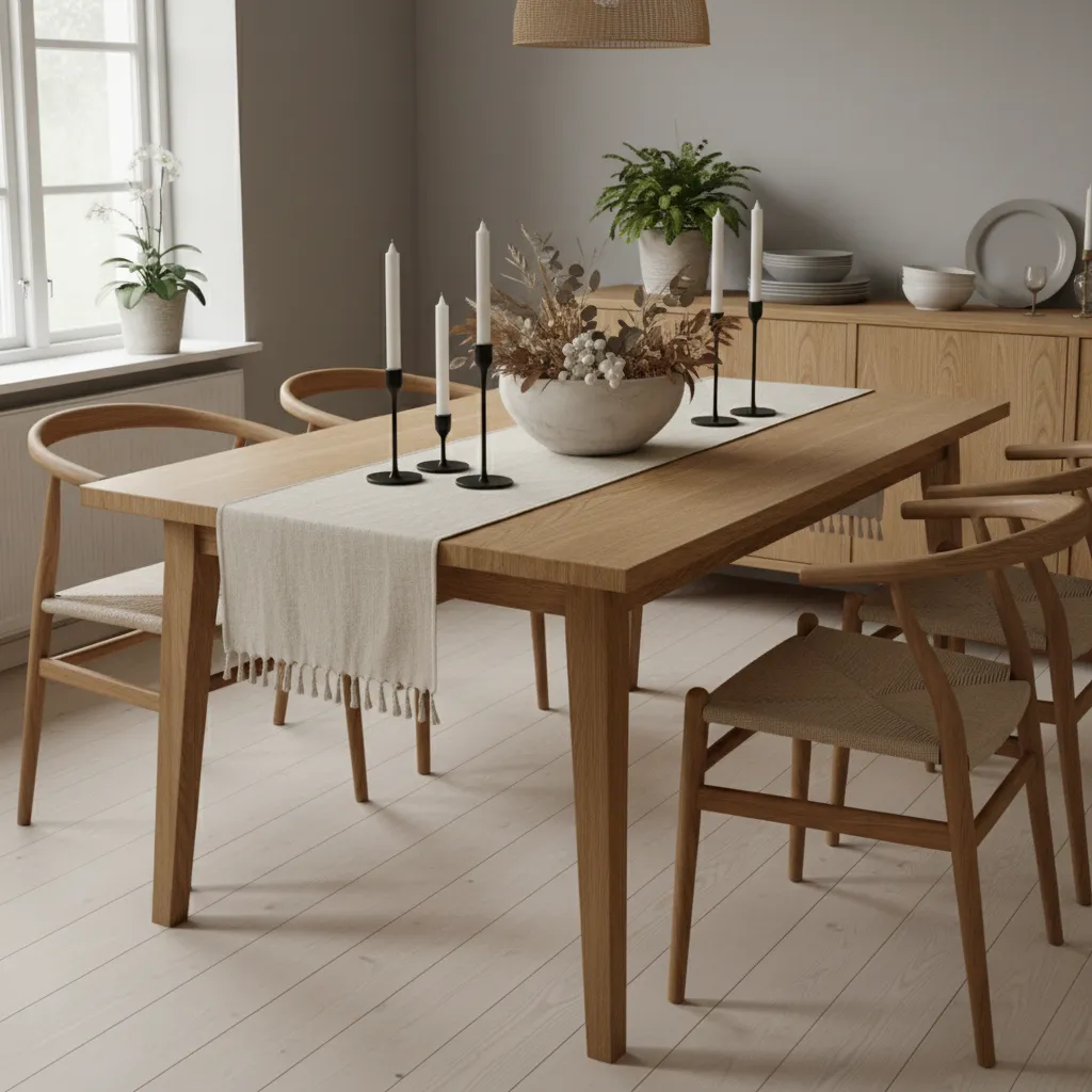 Dining table with linen runner candles and decorative bowl