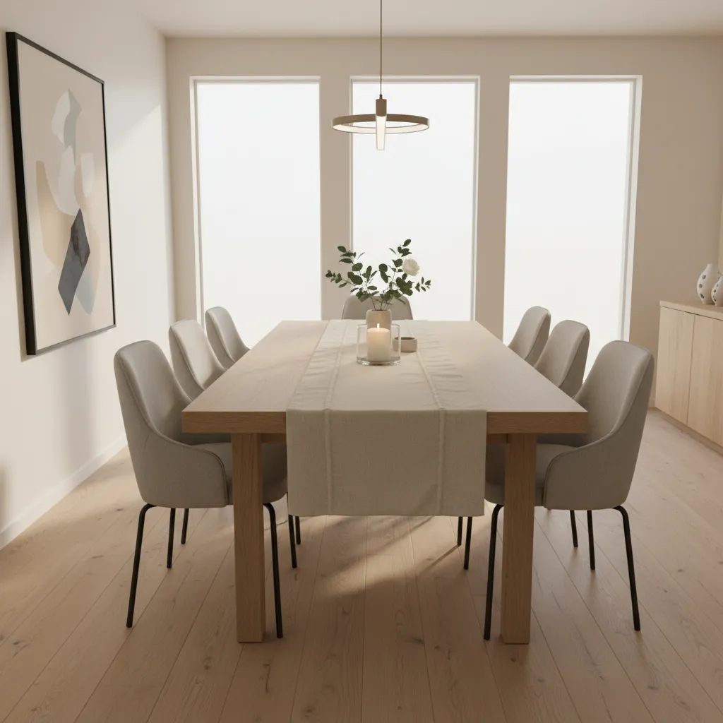 long dining table with neutral table runner and simple decor